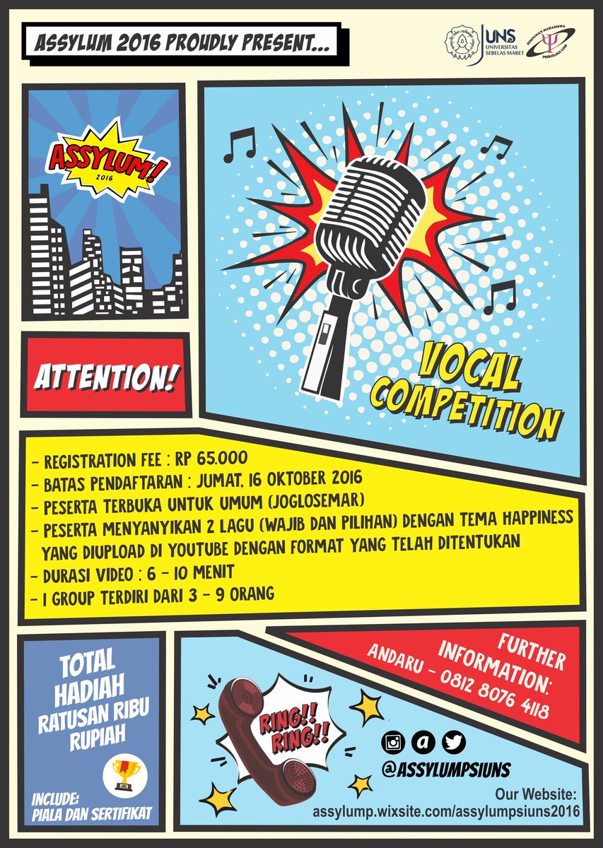 VOCAL GROUP ! 🎤
🎭 Tema : HAPPINESS
👬👭 1 grup : 3-9 orang
⏰ durasi : 6-10 menit
💲 Regist fee : 65.000 IDR
More info :
Andaru (0812-8076-4118)