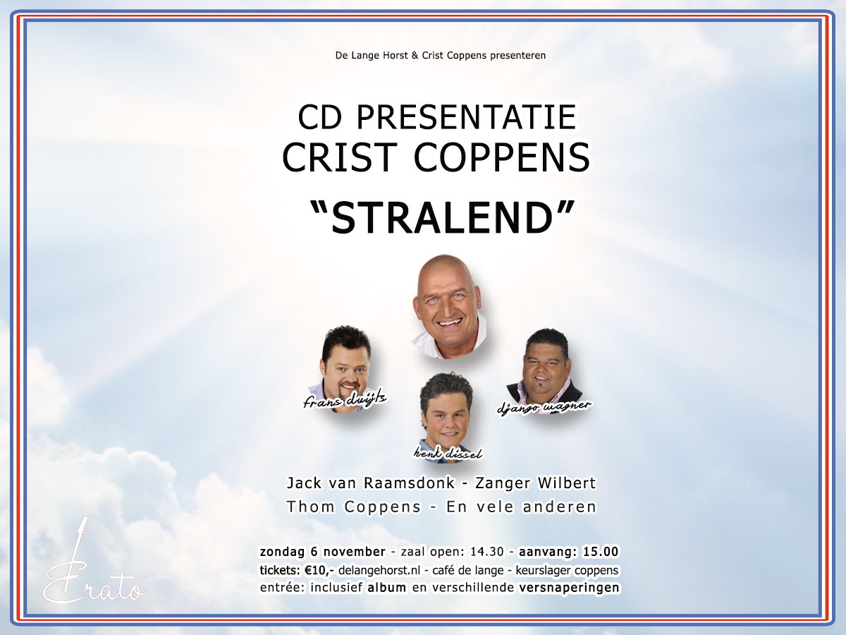 Ben jij al in bezit van tickets voor de cd presentatie van Crist Coppens op zondag 6 november? Bestel ze snel via delangehorst.nl/tickets/.