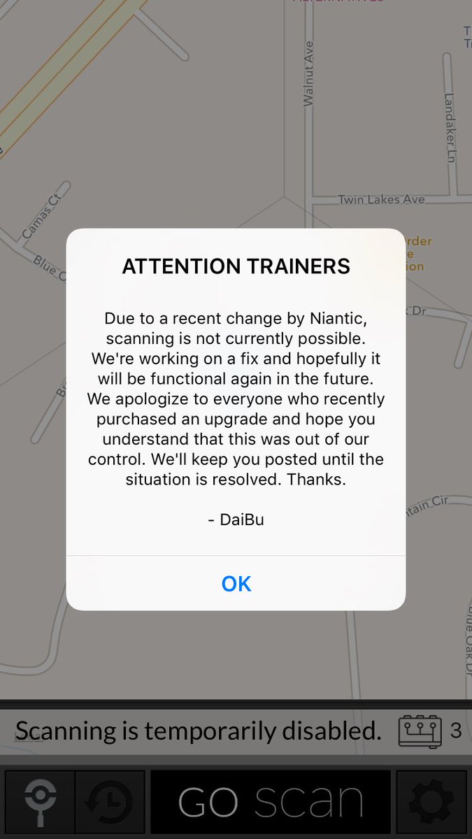 GOScanPokemonGO's tweet photo. We are working on a fix ASAP. https://t.co/wX3UYFYY5y