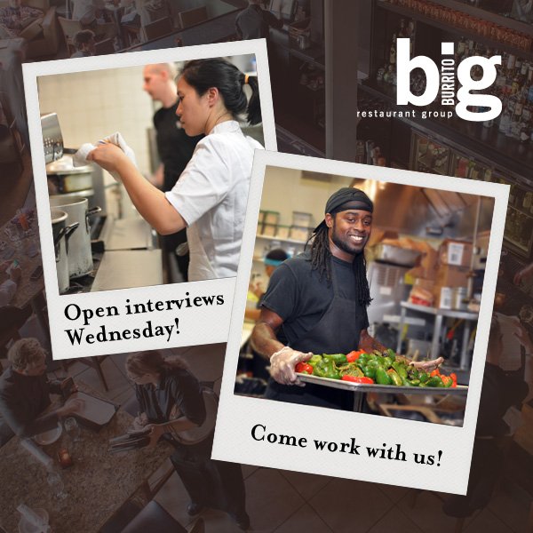 Open interviews at Mad Mex Cranberry for big Burrito locations: Mad Mex, Soba, Casbah, Eleven, Kaya! 10/5, 10am-3pm. bigburrito.com/jobs