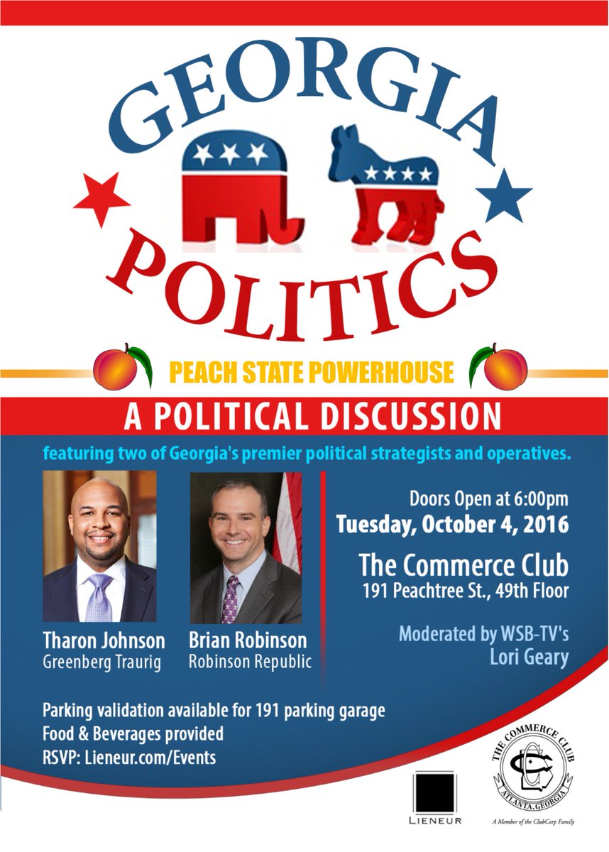 Today 6pm Georgia Politics:Peach State Powerhouse
<a href="/TharonJohnson/">Tharon Johnson</a> <a href="/LordTinsdale/">Brian C. Robinson</a> @LoriGearyWSB <a href="/wsbtv/">WSB-TV</a> @wsbtvcommunity gapeachstatepowerhouse.eventbrite.com