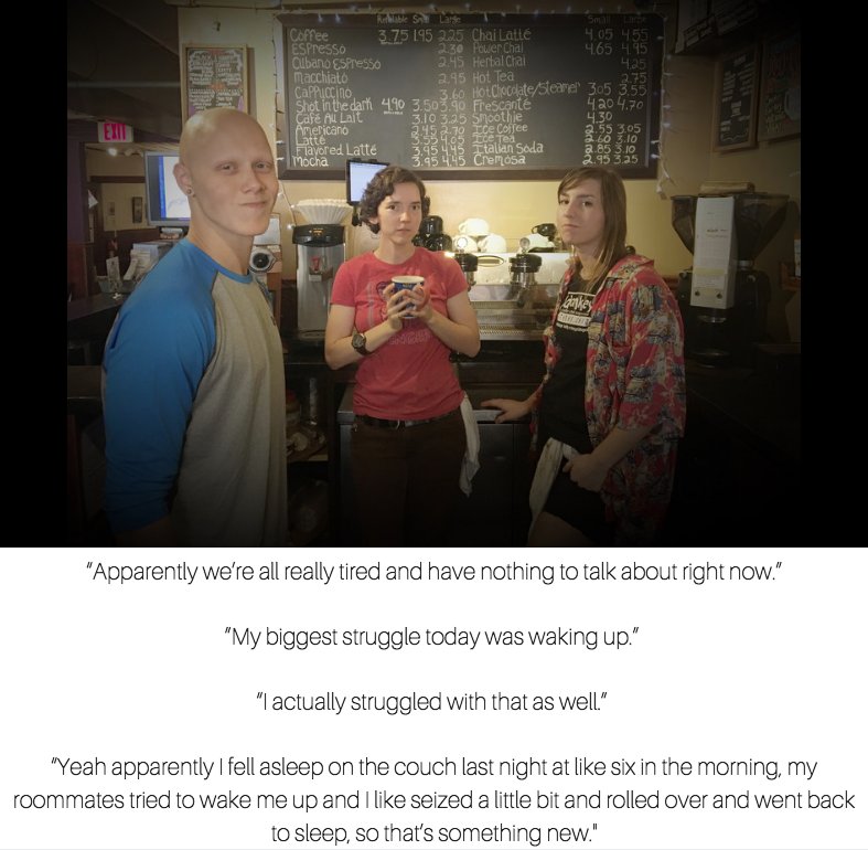 "My biggest struggle today was waking up"

Baristas from <a href="/donkeycoffee/">Donkey Coffee</a> speaking every college student's #truth.