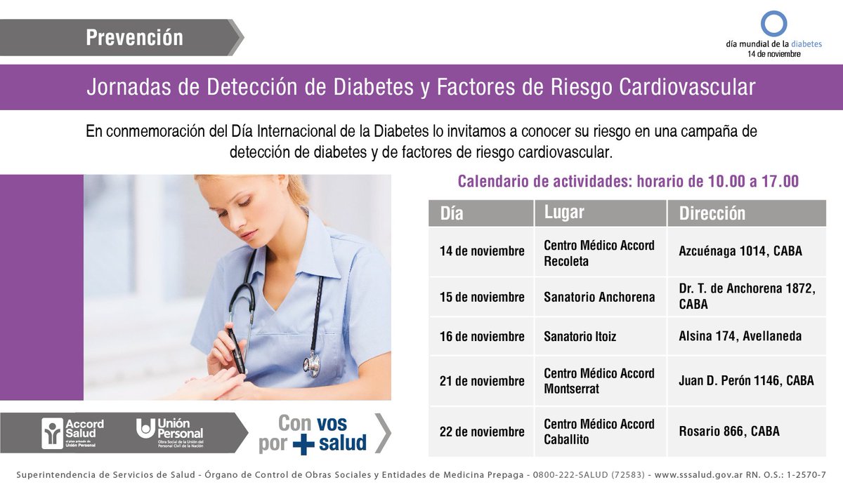 Jornadas de detección de Diabetes y Factores de riesgo Cardiovascular +info: accordsalud.com.ar/modulos/afilia…