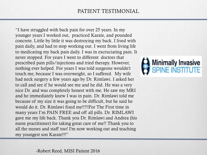 MISInstitute's tweet image. We love hearing from our happy patients. What was your experience like? #patienttestimonial #happypatient #spinerelief #minimallyinvasive