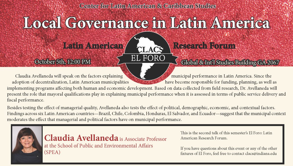 IUCLACS's tweet photo. Don't forget! Our El Foro series continues tomorrow at 12pm with Claudia Avellaneda speaking on Local Governance in Latin America! https://t.co/EUIYzuTUwo