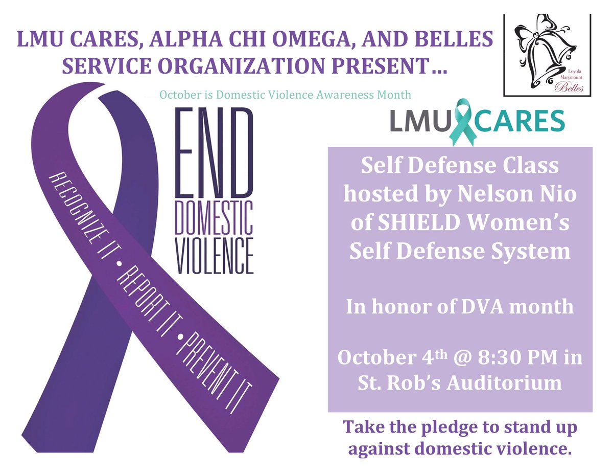 LMUCARES's tweet photo. Empower urself & stand up 2 domestic violence. Self defense w Belles & AXO today 8:30pm in STR Aud! #LiveTheLionsCode #LMUEXP #DVA2016 https://t.co/UARlD2TUVC