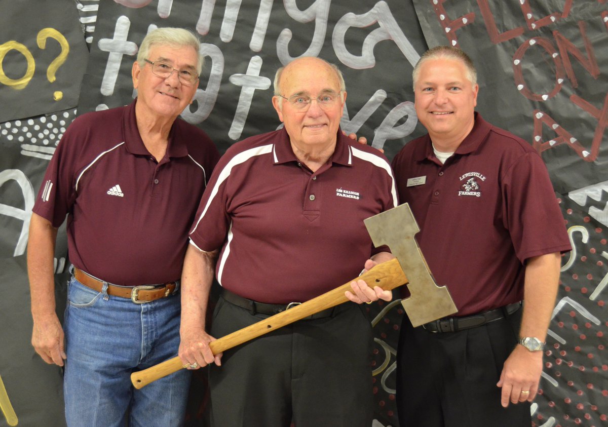 LewisvilleHS's tweet photo. Welcome back, Axe -- and former Lewisville High School Principals Mr. Killough and Mr. Cooper! #FarmerPride #AxeIsBack https://t.co/QslZk9yETw