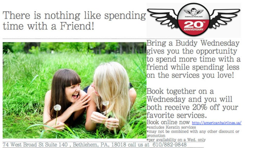 Grab a buddy and come to #AmericanHairlines this Wednesday! Beautiful style and big savings for you both :)