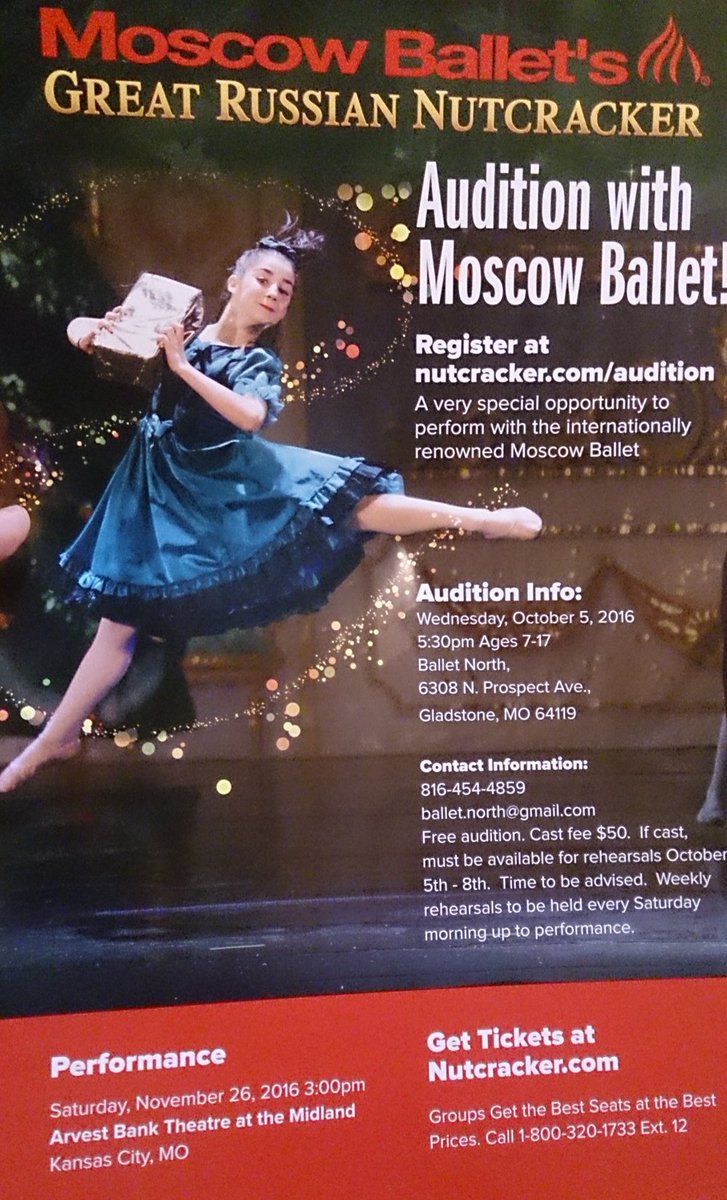 gladstonemo's tweet image. Audition for dancers, 7-18, at Ballet North for parts in Great Russian Nutcracker on 10/5 at 5:30. #MoscowBallet balletnorth.com
