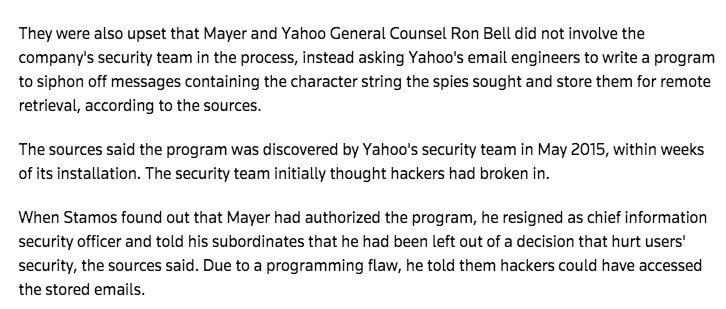 trevortimm's tweet image. Crazy. Yahoo built an email backdoor and didn&apos;t even tell their security chief. &quot;The security team initially thought hackers had broken in&quot;