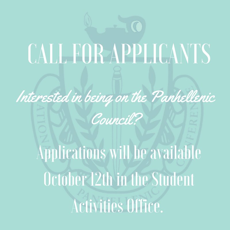 UAFS_Panhel's tweet photo. Get excited for Panhellenic Council applications! They will be available on Oct. 12th in the Student Activities Office. #PanhellenicCouncil https://t.co/Rl4HuyKAET