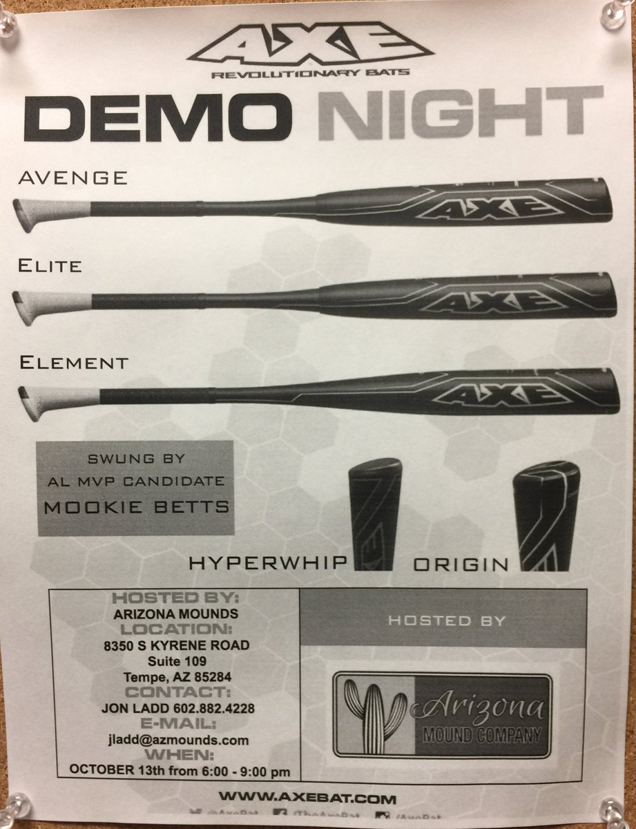 AZ_MoundCo's tweet photo. Come out to our Demo Night for AXE Bats. Check out the facility. Meet our Staff &amp; Sign up for Memberships. @AxeBat https://t.co/IMEWXUMKtC