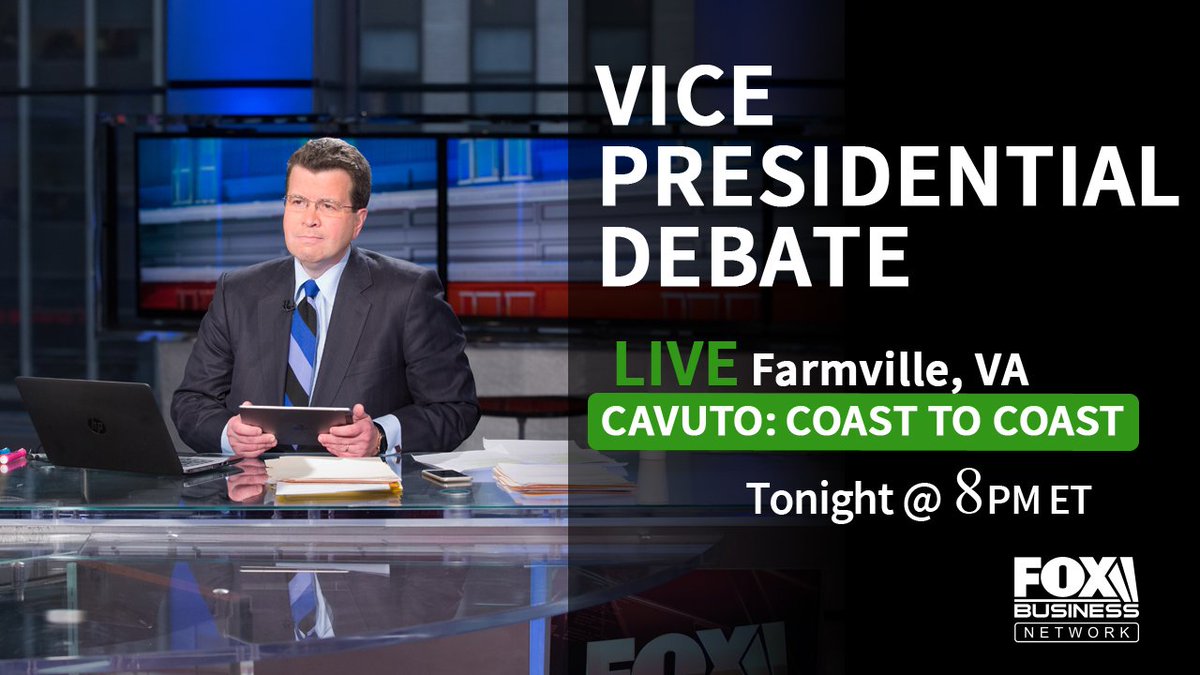 FoxBusiness's tweet photo. .@TeamCavuto coverage of the #VPDebate kicks off at 8pm ET LIVE from Farmville, Virginia —tune in! https://t.co/yDWqpCYuHn