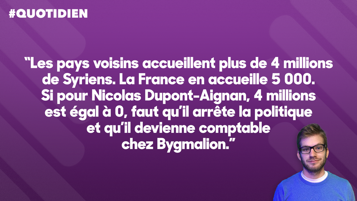 Qofficiel's tweet photo. Selon Nicolas Dupont-Aignan, « les pays voisins de la Syrie n'accueillent aucun migrant ». #Quotidien https://t.co/ndJkPta1Oy