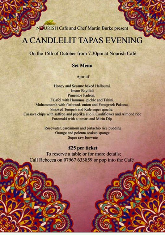 TheSadieCentre's tweet photo. Tapas Evening @nourish cafe Call 07967 633859 to reserve a table £25 per head for an aperitif &amp; set menu of 8 delicious dishes and a desert https://t.co/sNjQLwdPP0