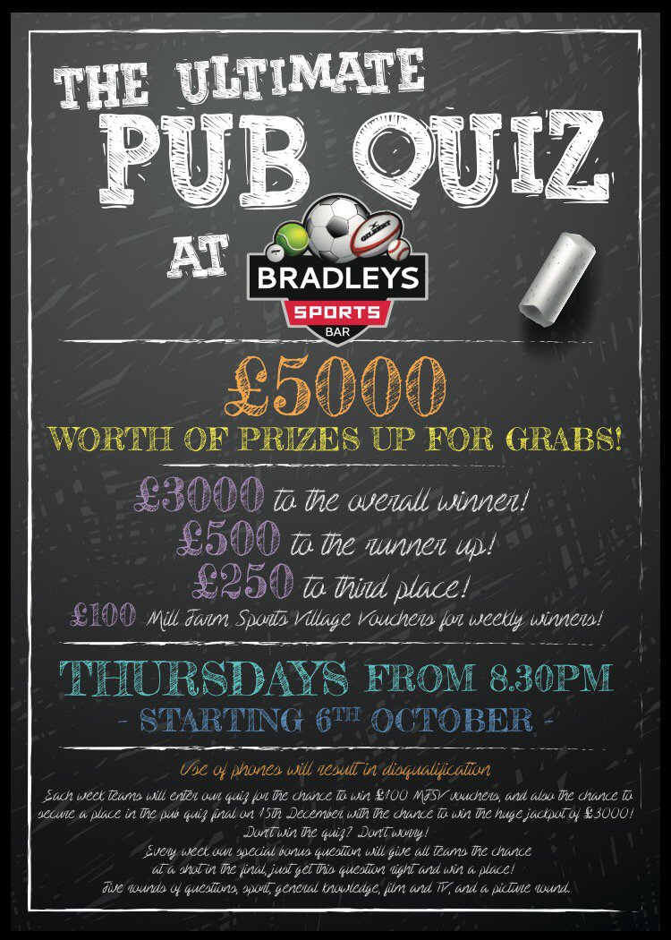 thebradleysbar's tweet image. Bradleys Ultimate Pub Quiz starts this Thursday with £5000 up for grabs! More info here: bradleyssportsbar.com/bradleys-ultim…