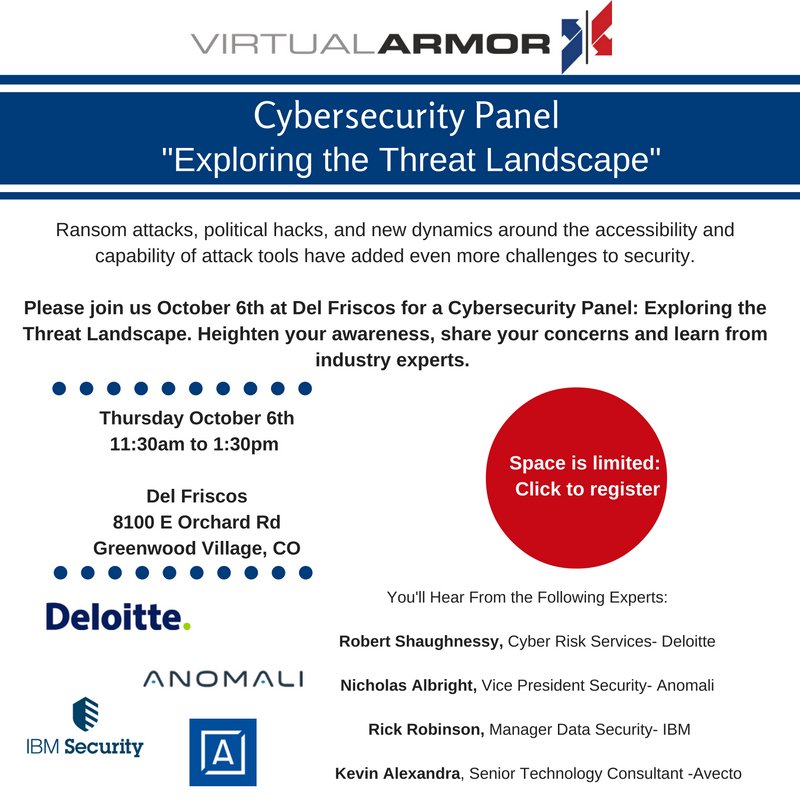 Excited for our #Denver #Cybersecurity panel on Thursday. Let's explore the threat landscape with some awesome panelists #Security #IT