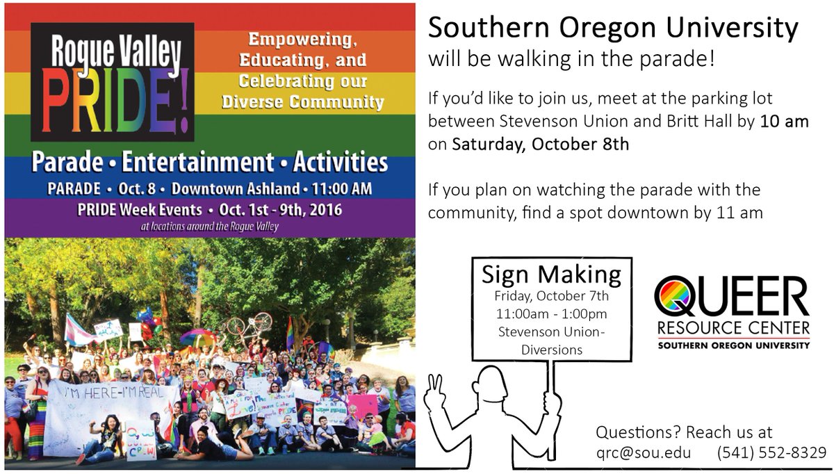 SOUAshland's tweet photo. Just a reminder, we'll be representing in Ashland's Pride Parade on Saturday! Come early for good seats! https://t.co/b9vtZG41Z1