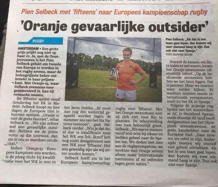Our player <a href="/PienSelbeck/">Pien Selbeck</a> got interviewed by the <a href="/telegraaf/">De Telegraaf</a> about the upcoming Championship #Madrid <a href="/REWC2016/">REWC 2016 - Madrid</a> #bringorange #orangenation