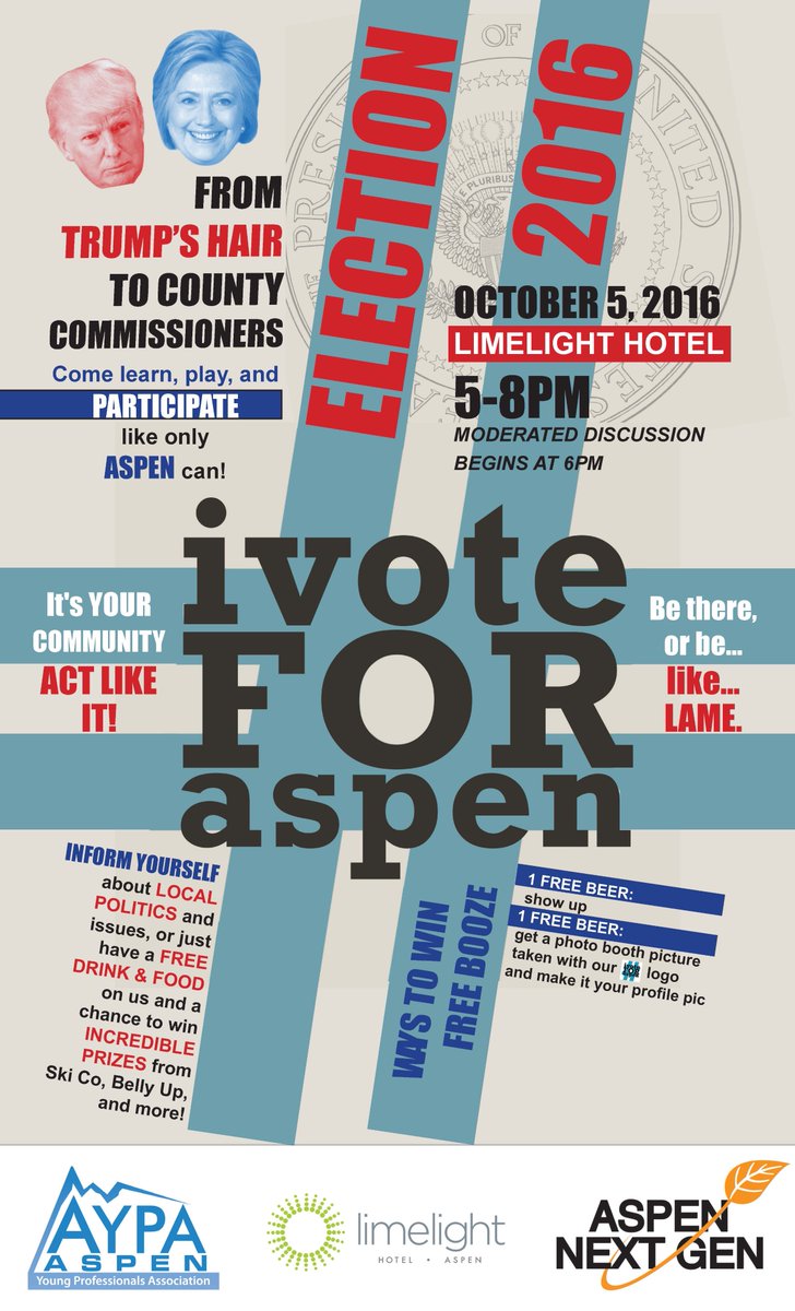 Drink while you think tomorrow night at <a href="/AspenNextGen/">Aspen Next Gen</a> and <a href="/AYPA/">alberto saiz</a>'s #iVOTEforAspen event at the <a href="/LimelightHotel/">Limelight Hotels</a> from 5-8pm. Get involved!