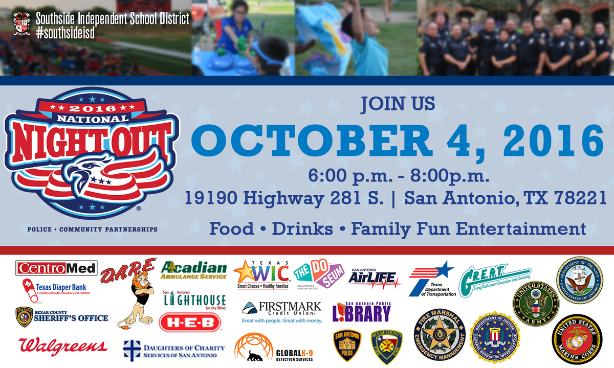southsideisd's tweet photo. Tonight is National Night Out!
Join us 6-8pm for a great night @ SouthsideHS celebrating all the amazing people who make our community safe. https://t.co/1PqM6gG5bw