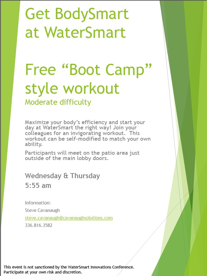 Plunger_WS's tweet photo. It's true! #BodySmart Bootcamp at @WSIConfExpo 5:55am Wed/Thur outside main lobby doors. Moderate difficulty, limited running. Details below https://t.co/RqVdeMFtOd