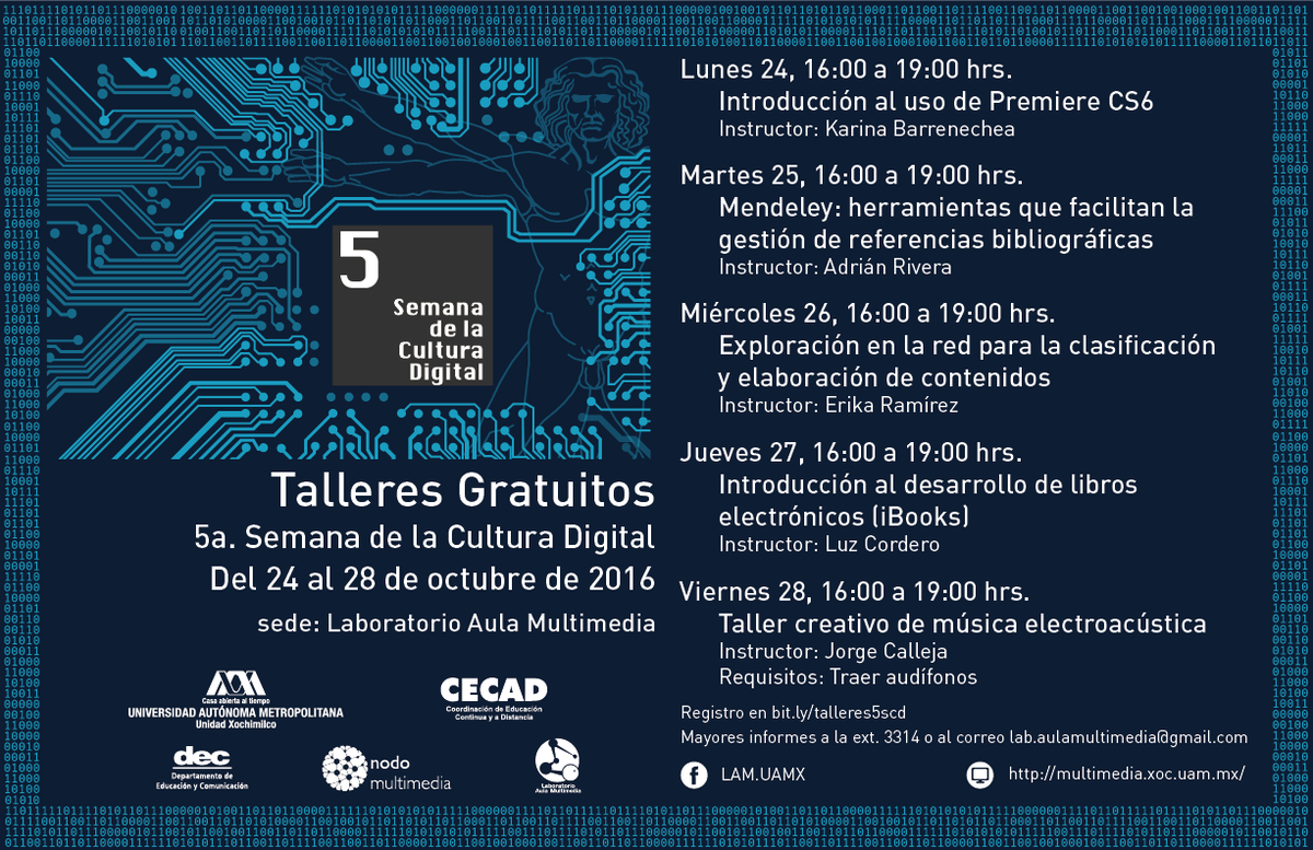 lam_uamx's tweet photo. Ya están las fechas de los talleres de la 5ª Semana de Cultura Digital en la #UAMXochimilco

+INFO y registro: https://t.co/m3gWrwawLm https://t.co/1r2n7qNjxN