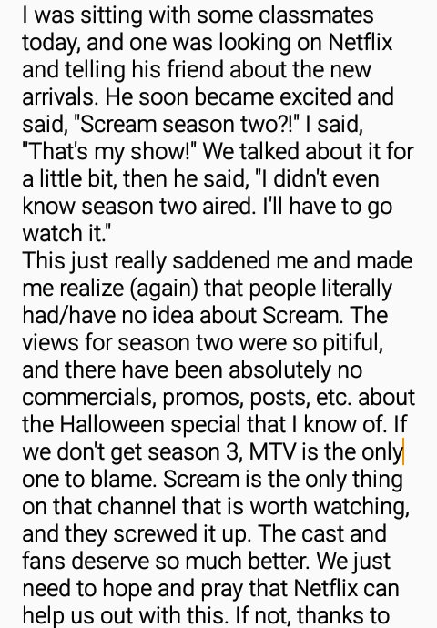 lakewoodsboro's tweet photo. I ranted and got emotional, but I needed to let it out. 💔 #RenewMTVScream #NetflixSaveScream #MTVScream https://t.co/Pi3zlWjVsJ