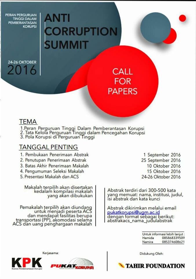 CALL FOR PAPERS: ANTI CORRUPTION SUMMIT 2016! "Peran Perguruan Tinggi dalam Pemberantasan Korupsi"