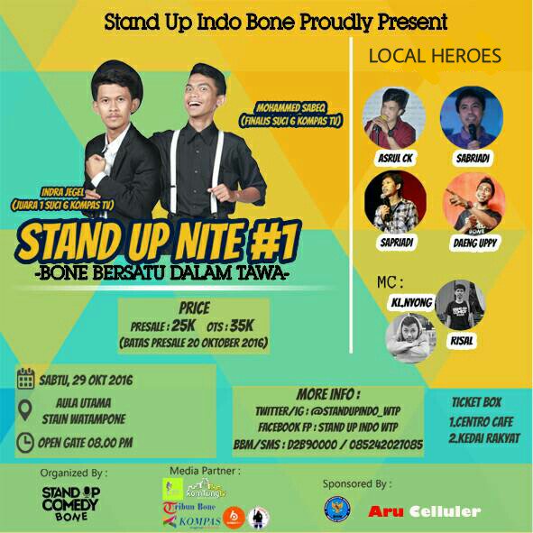 Tunggu apa lagi. Ayo jadi sejarah baru kreatifitas anak muda BONE! Ayo serbu tiketnya segera! Hub: 085242027085 <a href="/StandUpIndo_WTP/">STAND UP INDO BONE</a> #SUN1BONE