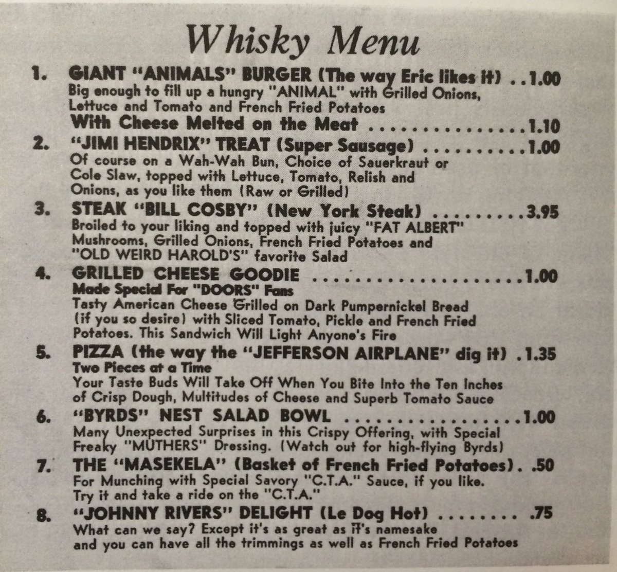 GregRenoff's tweet image. 1968 menu for @TheWhiskyAGoGo - @JimiHendrix immortalized as the, ahem, Super Sausage. 😀