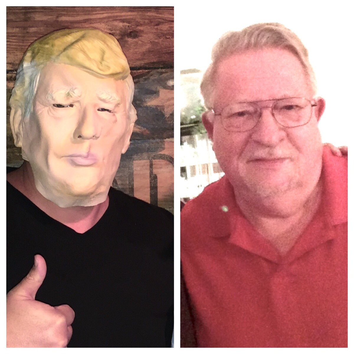 RadioBigD's tweet photo. The moment you realize your @realDonaldTrump mask looks like your dad. https://t.co/1fcycwrw2x