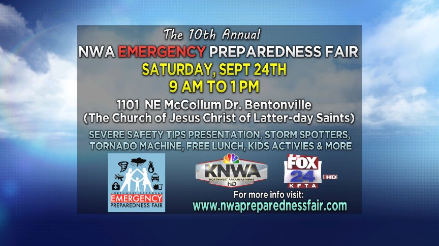 weatherdan's tweet photo. Come to the @NWAPreparedness Fair this Sat 9 AM - 1 PM. Get your family ready if disaster were to strike. #arwx https://t.co/w8GtHR3WYE