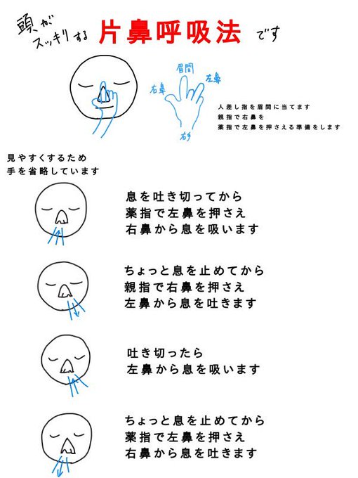 頭がスッキリする方法に
片鼻呼吸法というのがあります

左右の鼻を交互に使うことで
自律神経を整え
リラックスできるそうです

20回くらい繰り返すと
頭がスッキリしてきます 