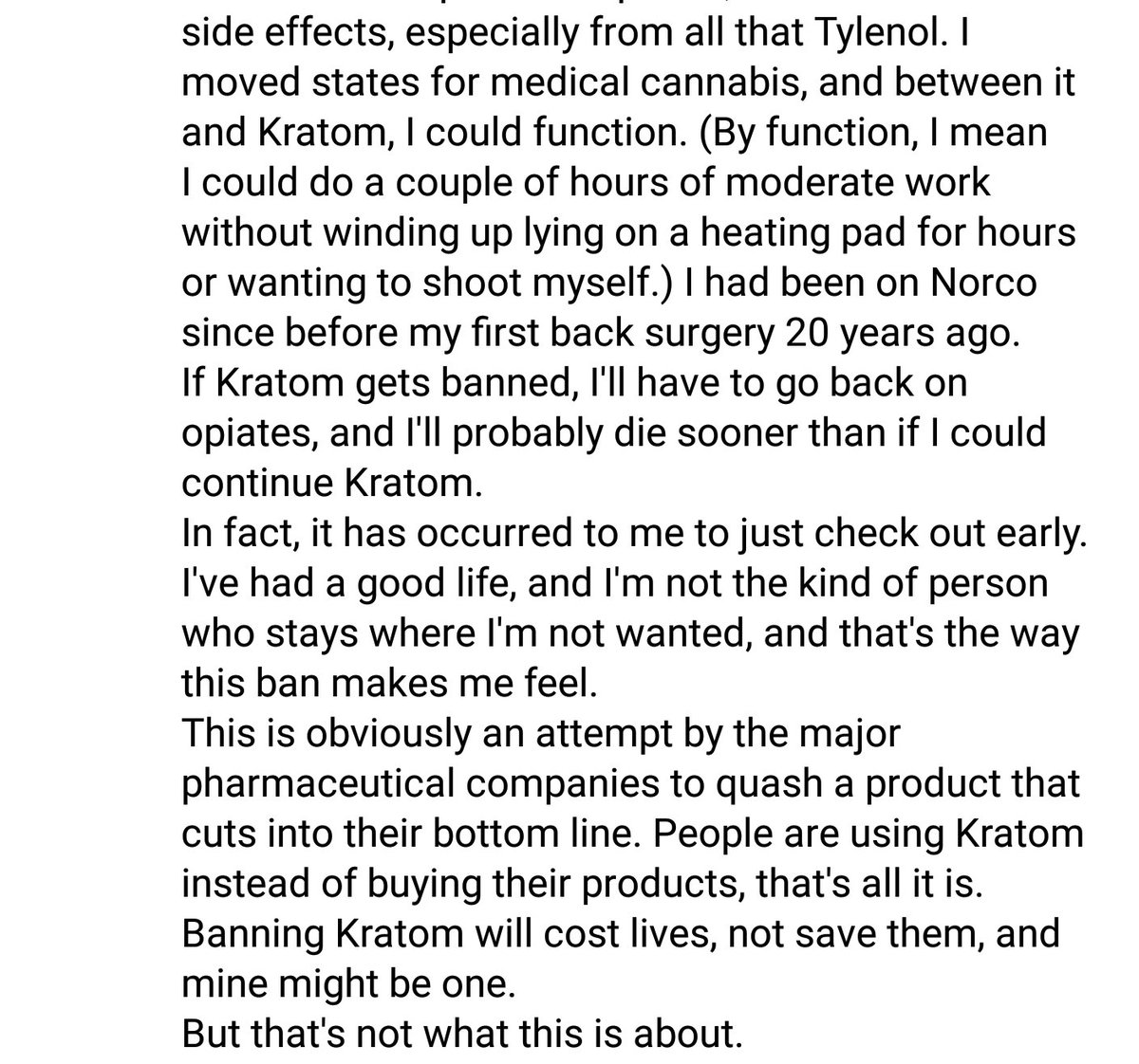kratomsaves10's tweet photo. None of us deserve this fate, to suffer or to die early bc of suffering thru illness, my heart is heavy #kratomsaveslives @DEAHQ #iamkratom https://t.co/09tpWap0zG
