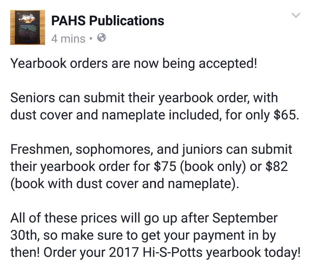 pahspub's tweet photo. Order your 2017 Hi-S-Potts Yearbook today!! https://t.co/3ch92zu09u