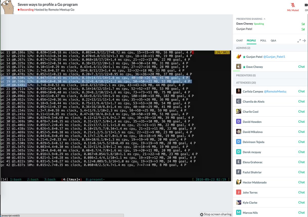 Gunjan_Patel1's tweet image. Thanks @davecheney for an awesome talk on #golang profiling @RemoteMeetupGo 🙌
