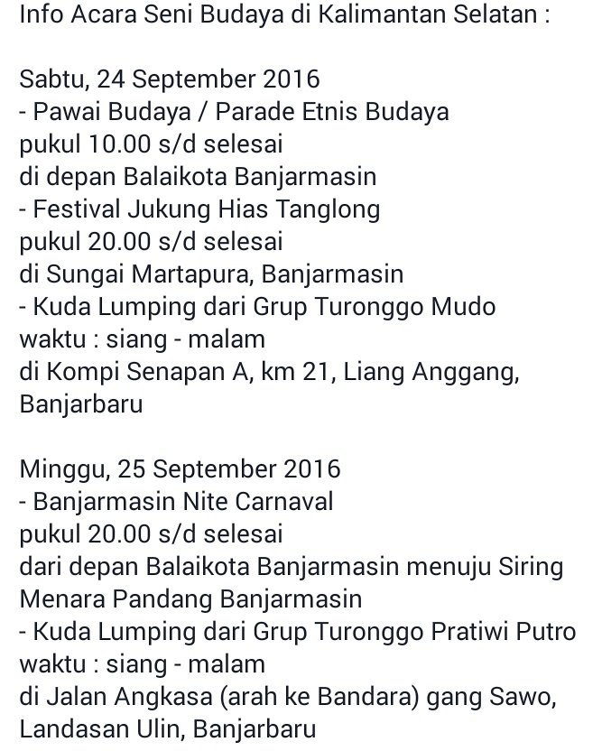 Info Acara Seni Budaya di Kalimantan Selatan :
<a href="/WargaBanua/">📍BANJARMASIN, KALIMANTAN SELATAN</a> <a href="/visitkalsel/">#visitkalsel</a> <a href="/Senibdayakalsel/">Seni Budaya Kalsel</a> <a href="/Seputar_Bjb/">#Banjarbaru</a> <a href="/bjmUpdate/">#BanjarmasinINFO</a>