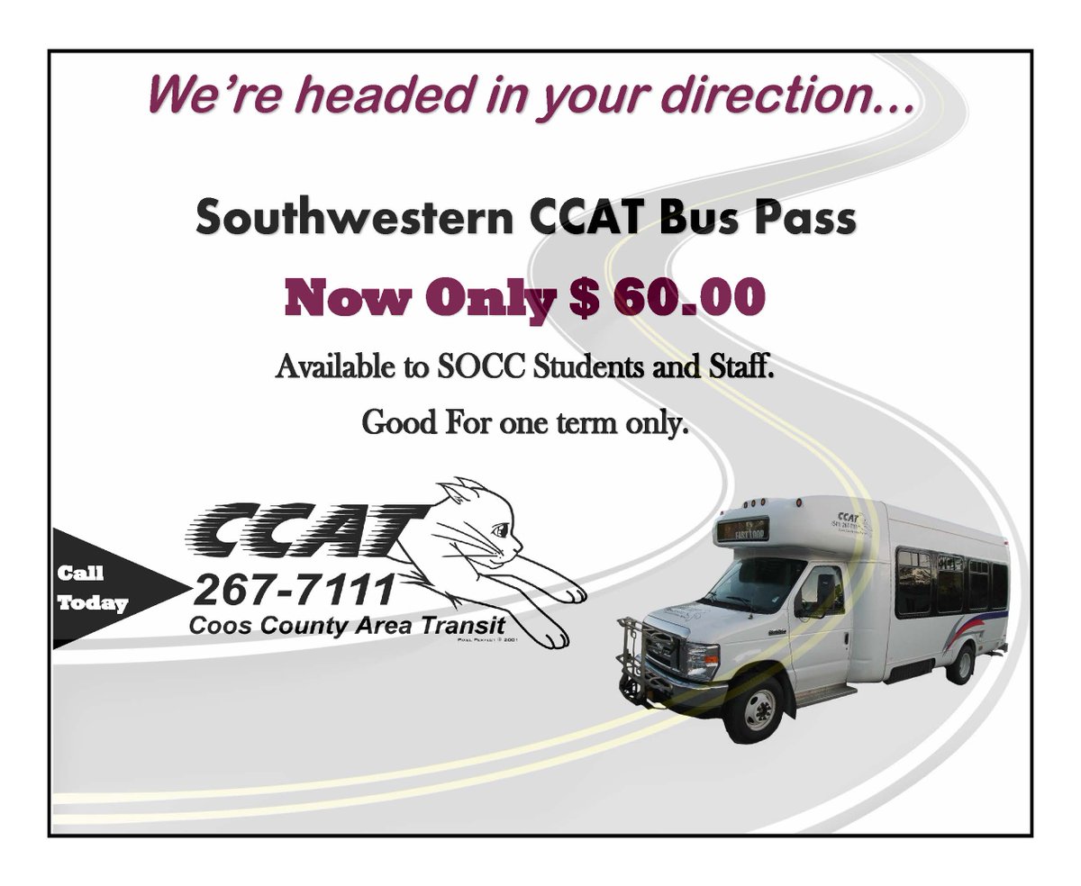 SWOCC_Security's tweet photo. Commuter Students can now get a discounted CCAT Bus Pass! Call Coos County Area Transit today! #thelakernation #cooscountyareatransit https://t.co/3RXSWFEGz8