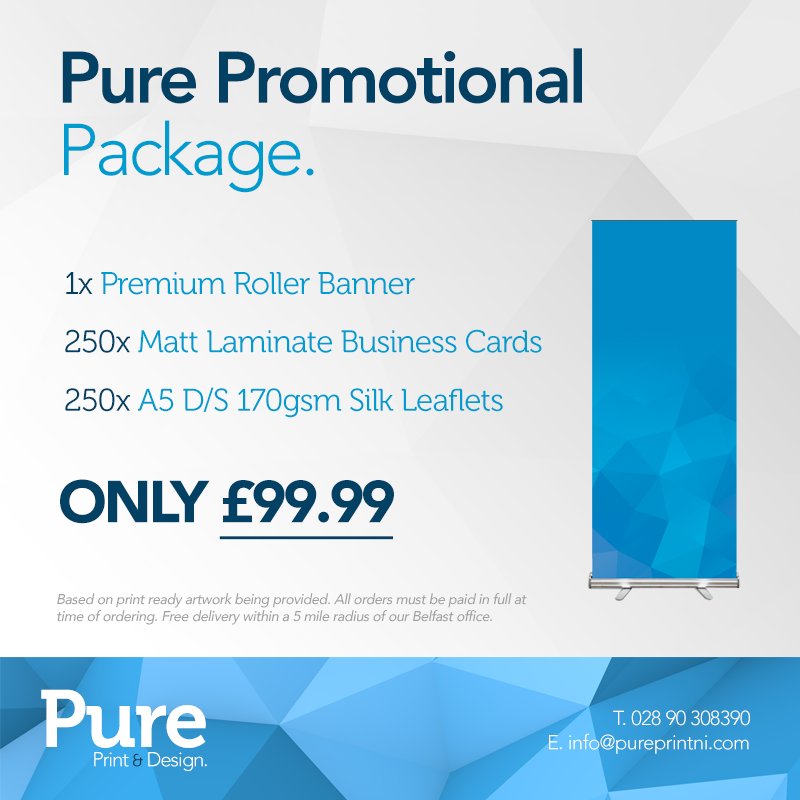 Check out our new Pure Promotional Package. 1x Roller Banner, 250x Business Cards &amp; 250x A5 Leaflets. #belfasthour