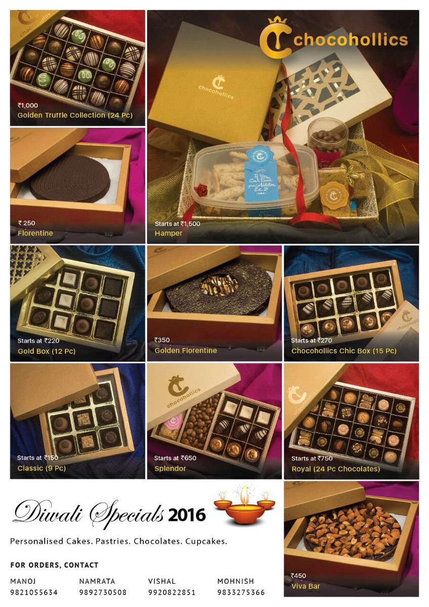 You should definitely order from chocohollics, for delicious diwali treats. Yum! #chocohollics #diwalitreats. Contact details r in da image.