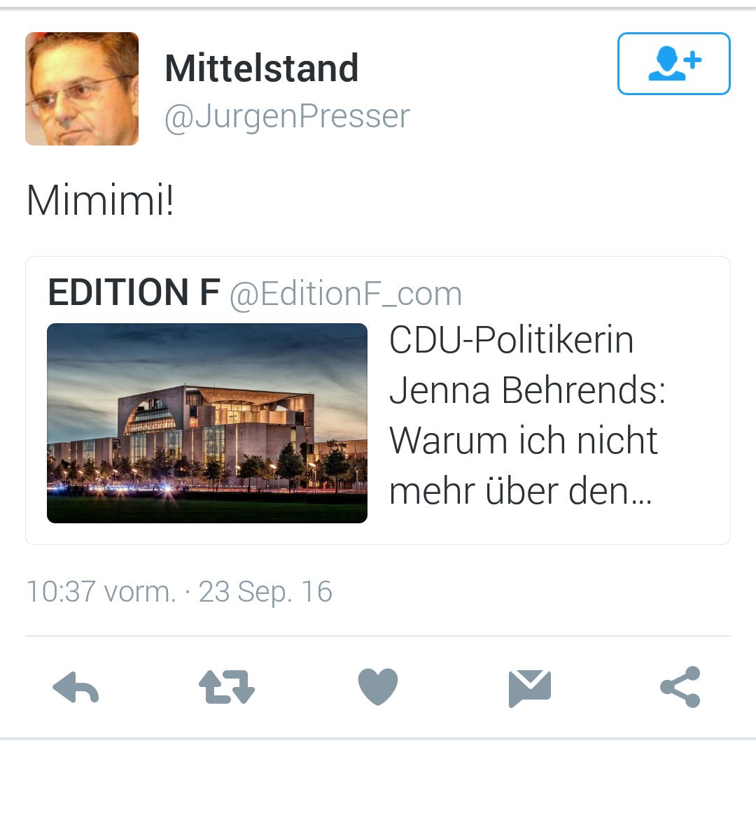 Mensch, Herr <a href="/JurgenPresser/">Klartext</a>  
Ich glaube, Ihr Tweet über Sexismus in der <a href="/CDU/">CDU Deutschlands</a> ist verloren gegangen. Macht nichts. Ich hab ihn aufgehoben.