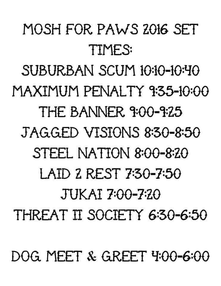 T2SNJ's tweet photo. Set times for tonight! See you there! #Moshforpaws https://t.co/IqIp3WeajC