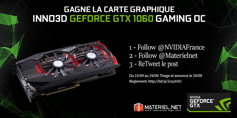 materielnet's tweet photo. BIM ⚡ La Inno3D GTX 1060 Gaming OC (https://t.co/zahMSUmXuz) à gagner 👌 #RT #Follow @NVIDIAFrance  &amp; @materielnet https://t.co/fb8J0u5wNr