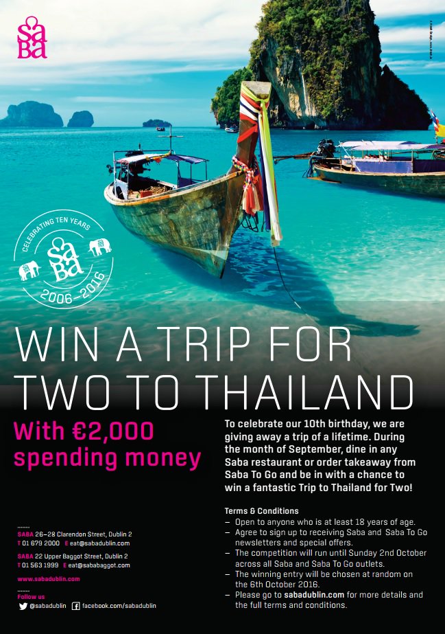 SabaDublin's tweet photo. Win a Trip To Thailand This Month With Saba to celebrate Saba's 10th Birthday! #SabaTen #Giveaway #Win #DublinCompetition https://t.co/1tLhh9jIPv