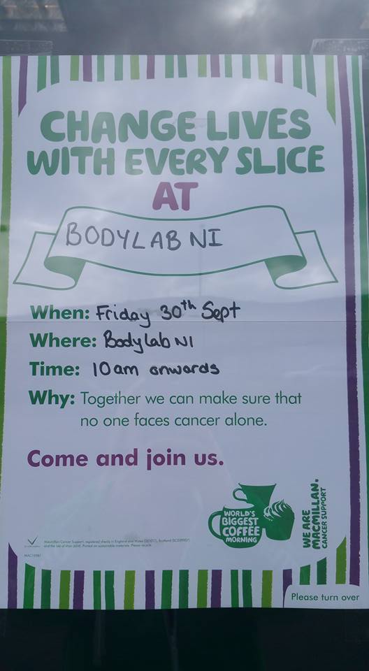 BodyLabNI's tweet image. Come join us next Friday 30th September 10am all day for a cuppa and some yummy treats! #cake #Coffee #MacmillanCoffeeMorning @BodyLabNI