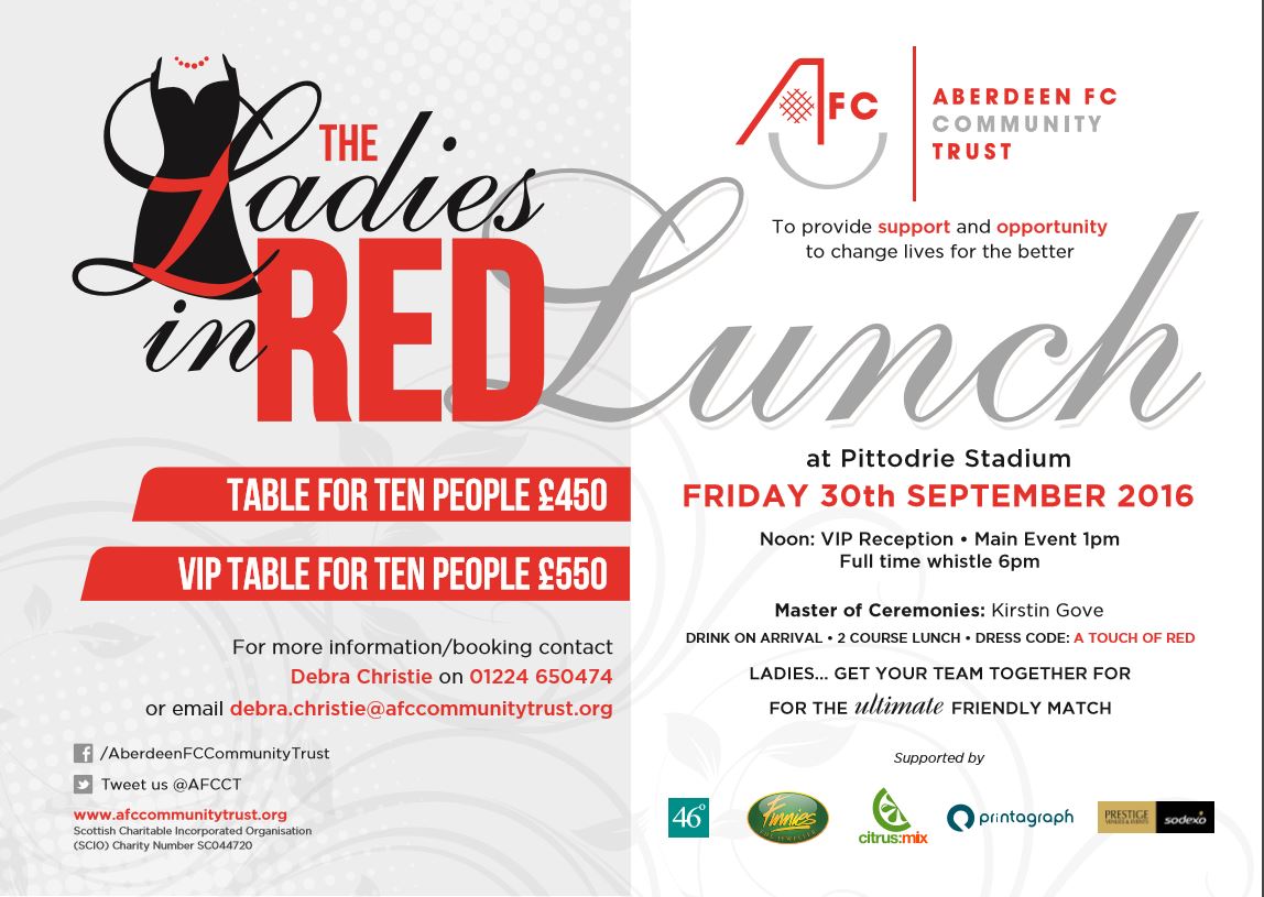 AFCCT's tweet photo. Ladies of Aberdeen… RT this for a chance to win two
places at our Ladies in Red Lunch! Closing Monday 26th at noon!! @AberdeenFC https://t.co/OX35KHdppu