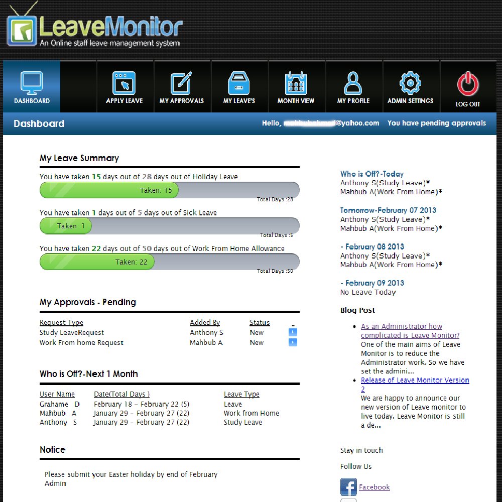 LeaveMonitor's tweet image. Leave Monitor a #staffmanagementsystem manages and monitors employee leaves, absents their vacations with no hassle. bit.ly/1HWHI6k