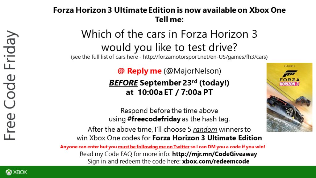 Larry Hryb 💫✨ on X: #FreeCodeFriday time. Read this and you could win a  code for Forza Horizon 3 Ultimate Edition on Xbox One. Good luck.   / X