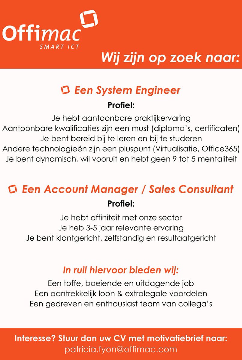 OffimacSmartICT's tweet photo. Ben jij op zoek naar een nieuwe uitdaging of ken je iemand die dat is? Bekijk dan eens onze vacatures op https://t.co/EQ5JS9PKlt #ITjobs https://t.co/W4liJ6xhGn